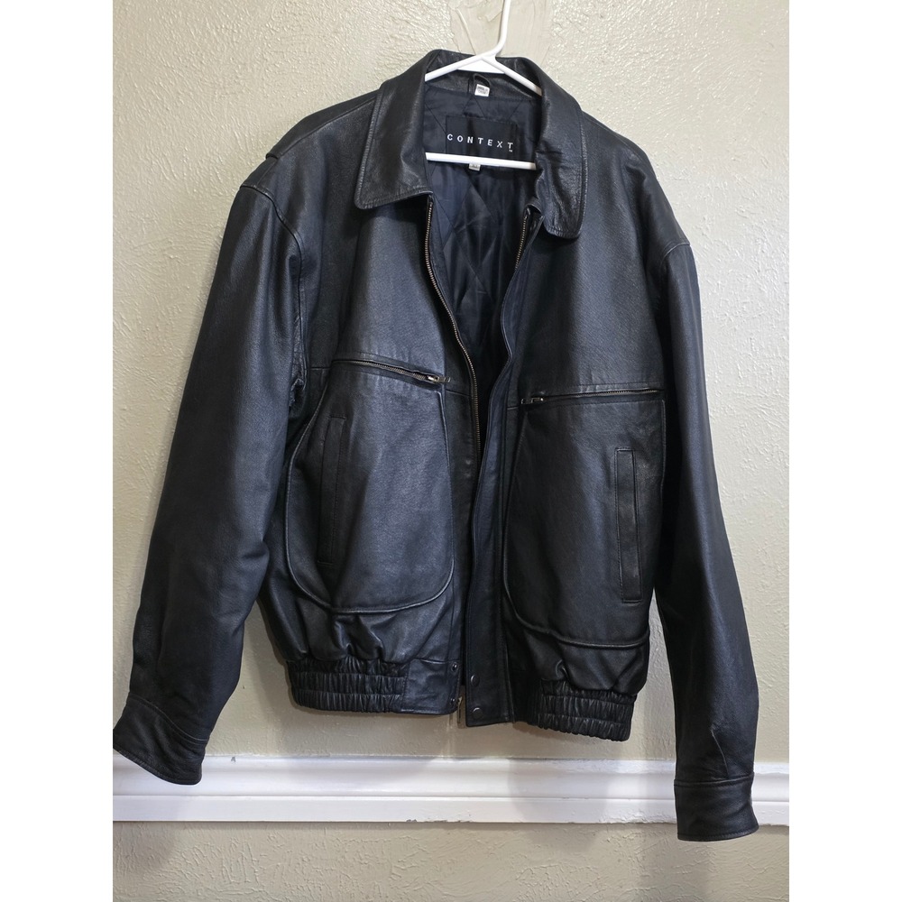 CONTEXT Black Leather Bomber Jacket Men's XLT Lined‎ Zip Front Pockets vintage